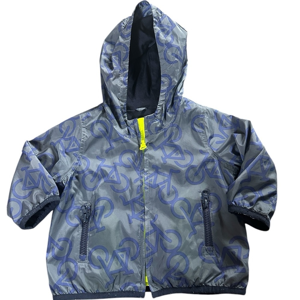 Baby Gap windbreaker style jacket, bike print, hooded, zip front, sz 6-12 months